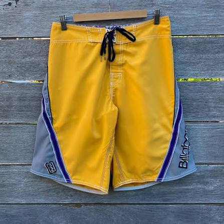 Yellow Grey Panel Andy Irons-era boardshort reference in yellow / grey / purple